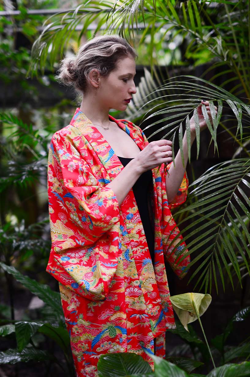 Wearing a borrowed traditional Japanese kimono as an evening coat