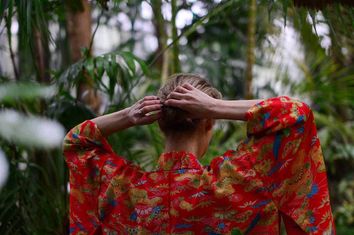 Wearing a borrowed traditional Japanese kimono as an evening coat - close up