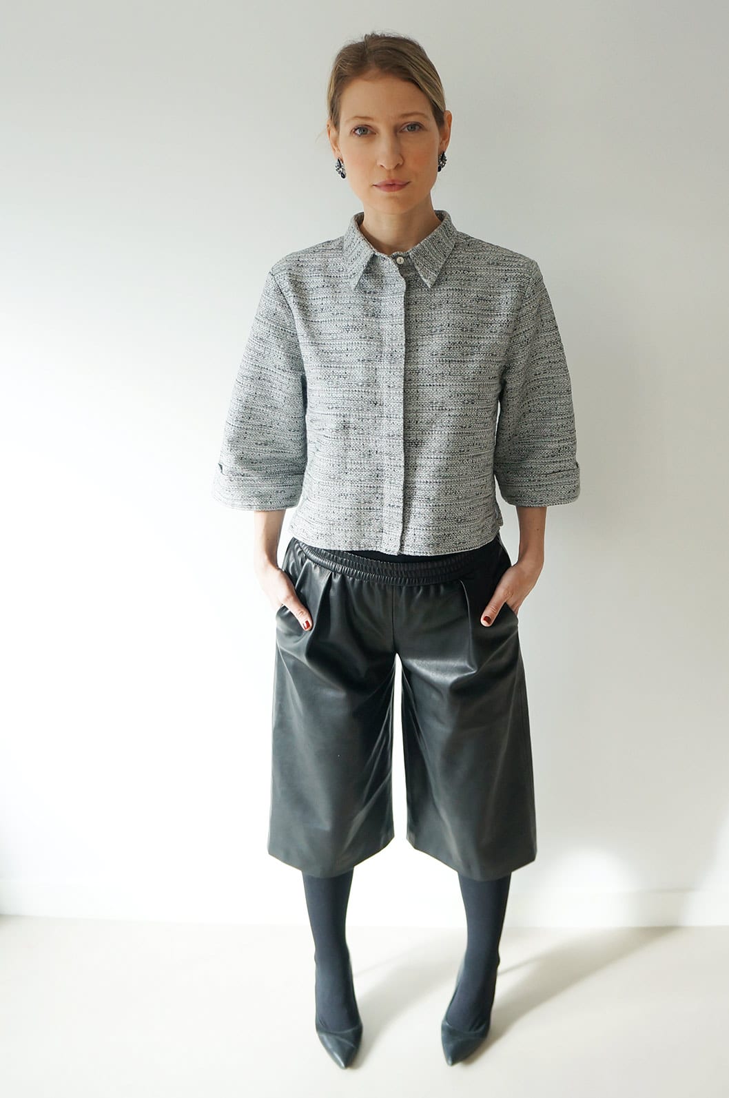 Carin Wester Grey Jacket and faux leather culottes