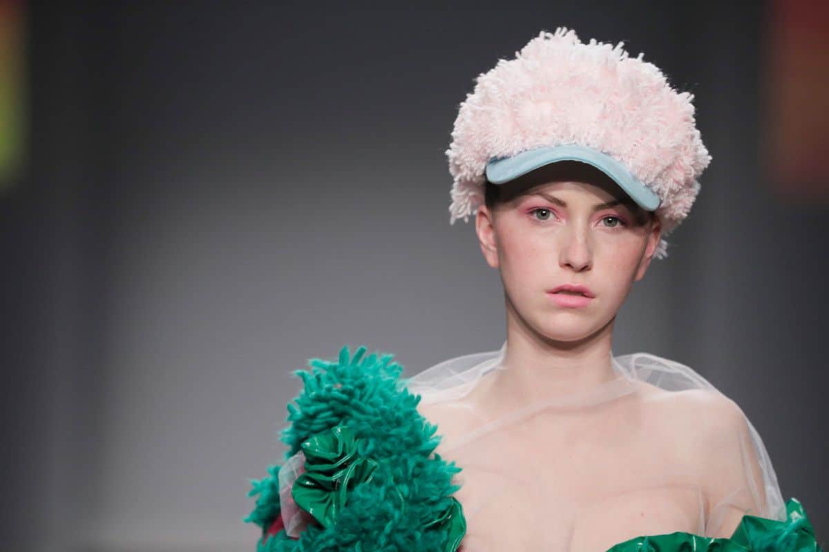 Ajbilou | Rosdorff showing at the Mercedes-Benz Amsterdam Fashion Week - green fuzzy coat (detail)