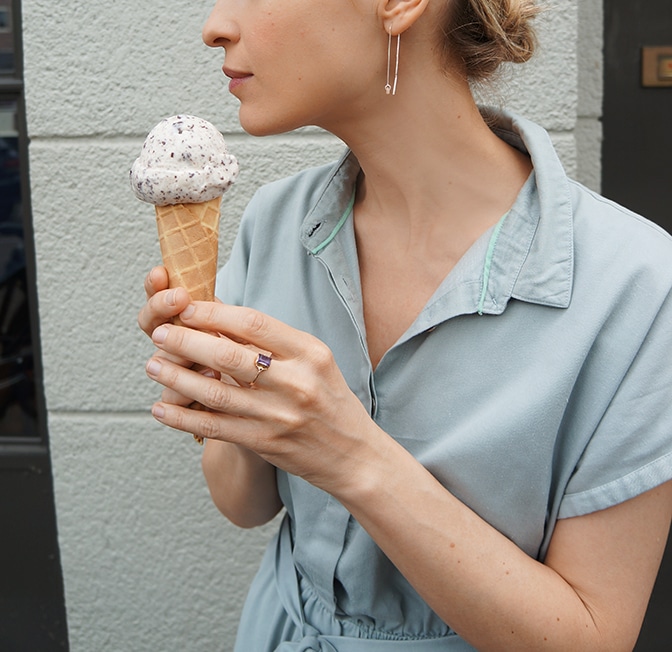 Wearing green Jux dress and eating ice cream