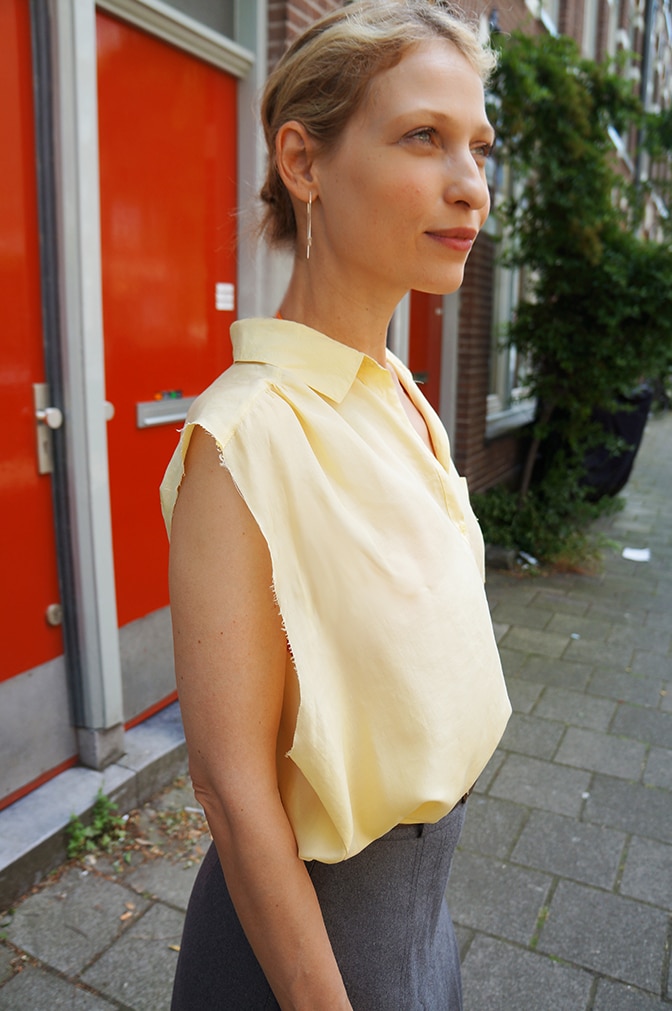 Wearing the yellow silk top "Lucia"