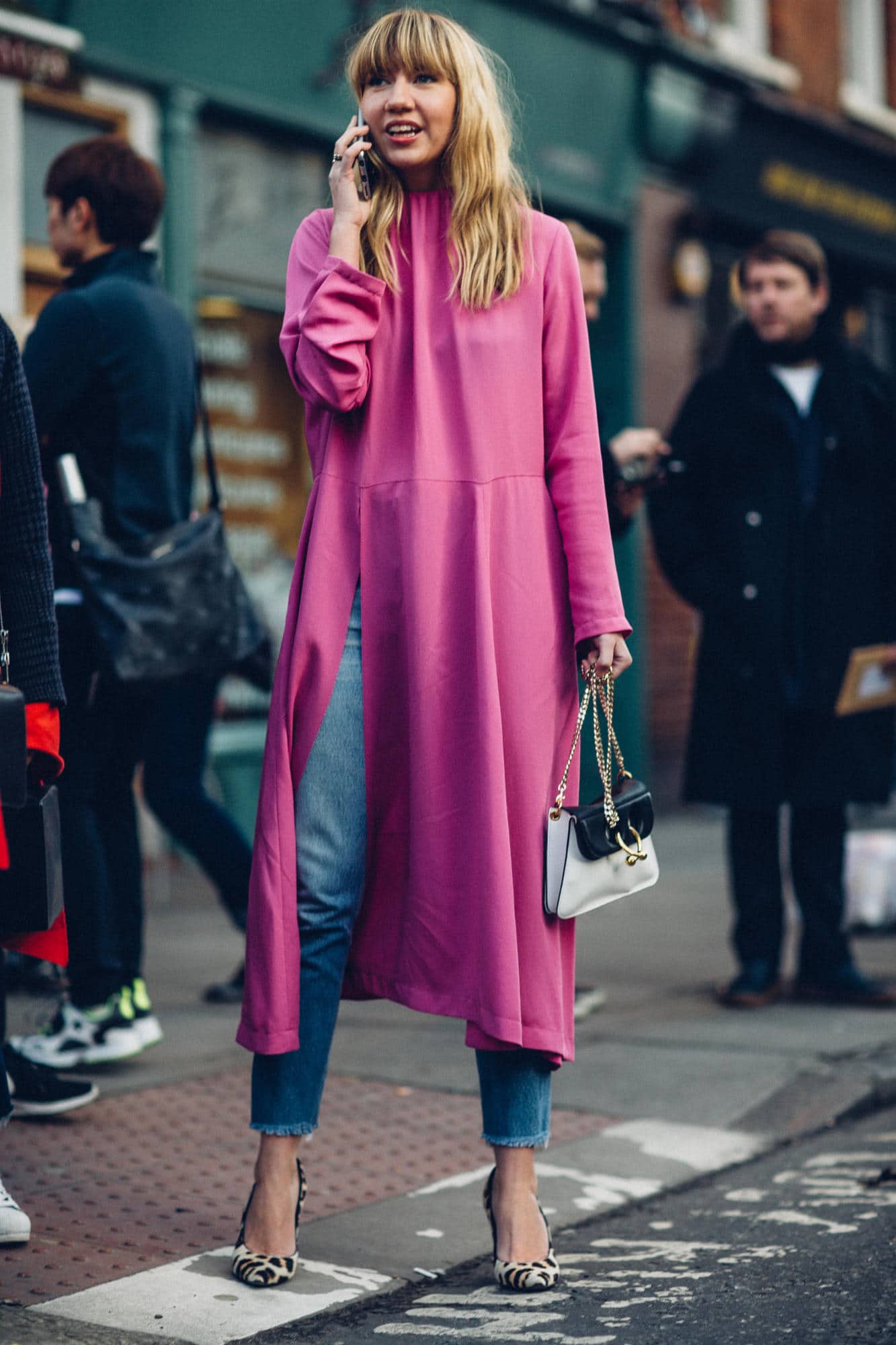 pink dress over jeans