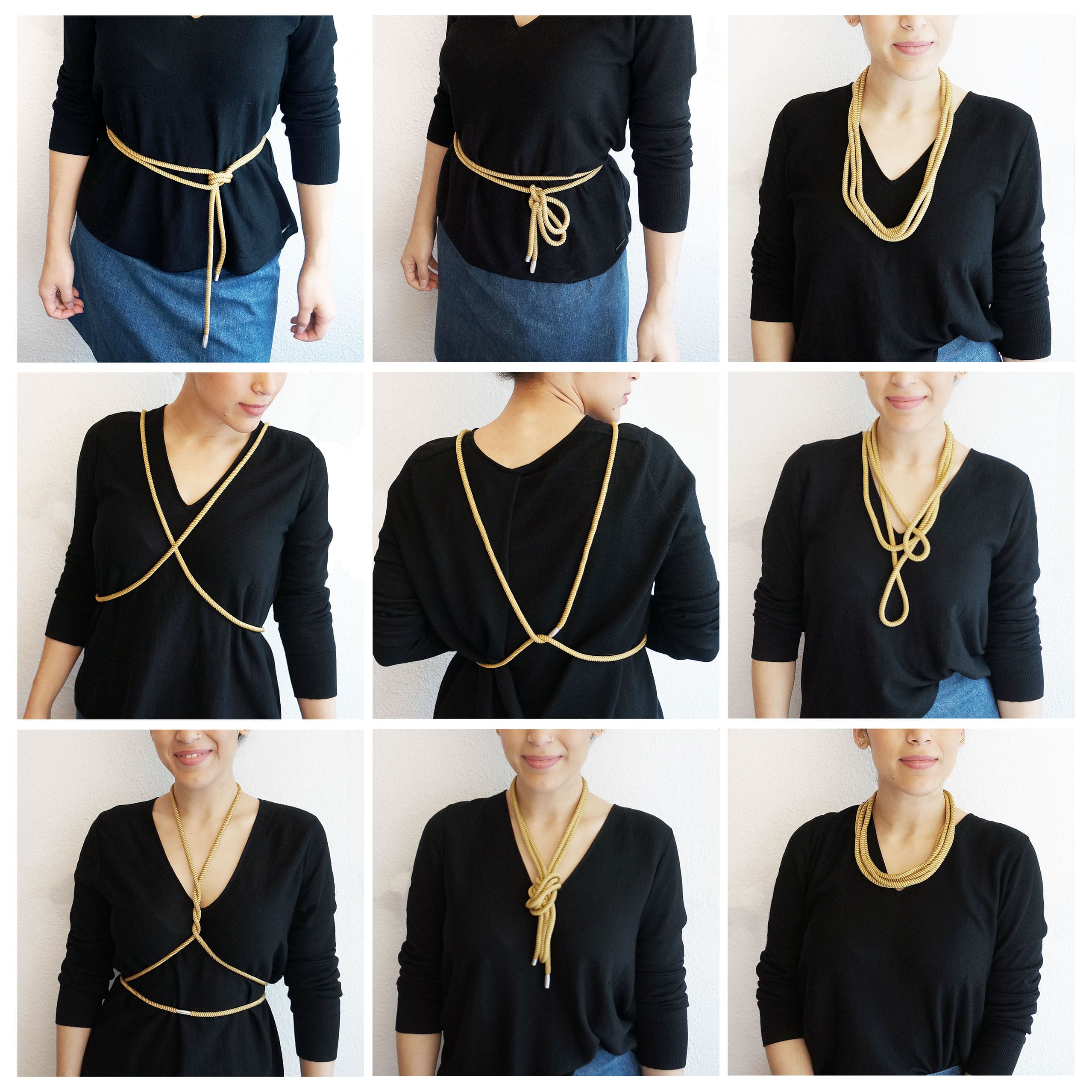 Knothingelse necklace worn in different ways